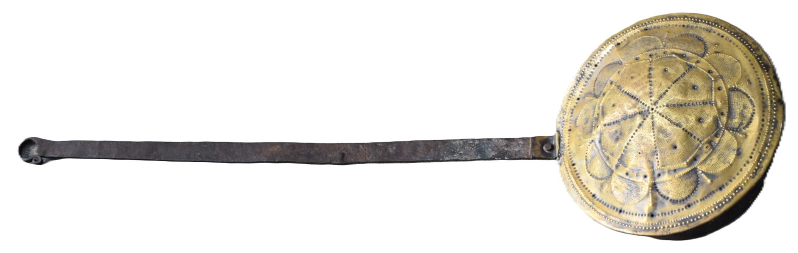 Early Bed Warmer: Early brass bed warmer, 18th Century, embossed with wrought iron handle with a rat tail top. Dimensions: 31" L