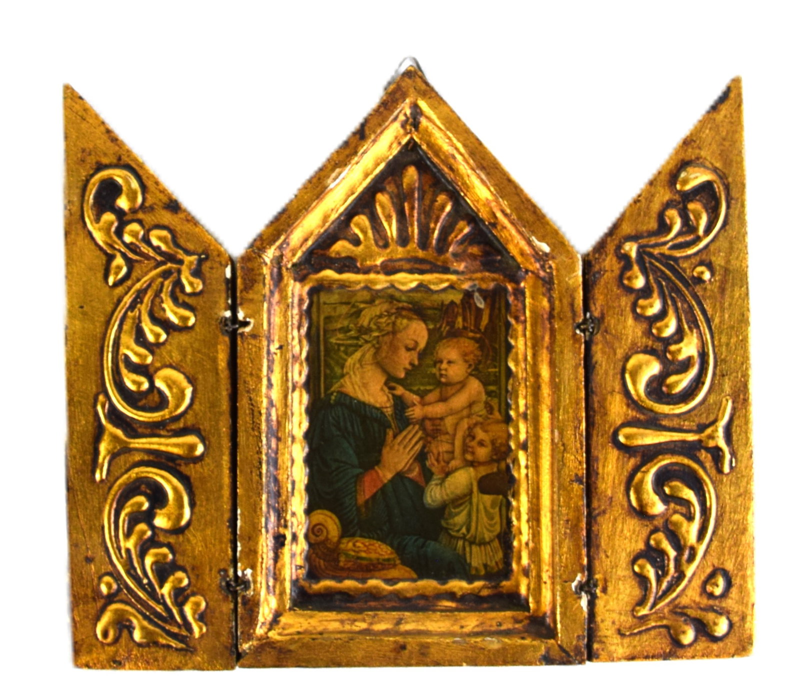 Religious Icon: Religious icon of mother and child I carved folding frame, early 20th Century. Dimensions: 6" H 3" W Image, 6" W with frame opened