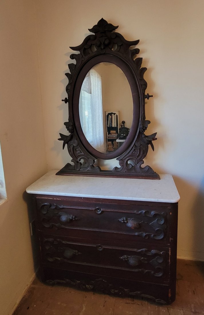 ANTIQUE VICTORIAN MARBLE TOP DRESSER: Antique Victorian Marble Top Dresser with Mirror. This item measures approximately 81"x42"x17" PICKUP ONLY