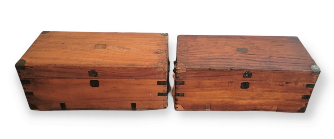TWO WOODEN FOOT LOCKERS: Two vintage foot lockers. Measures approximately 30"L X 15"D X 12.25" PICKUP ONLY