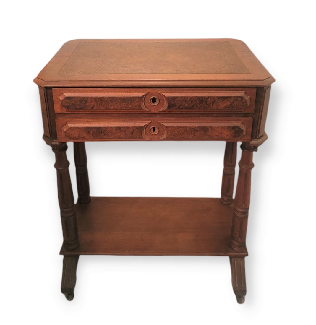 TWO DRAWER LEATHER TOP COLUMNED PEDESTAL SEWING TABLE (1 of 6)