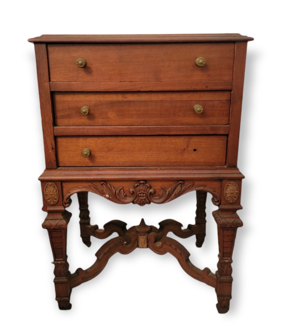 ANTIQUE 3 DRAWER SIDE TABLE WITH ORNATE MOTIF (1 of 7)