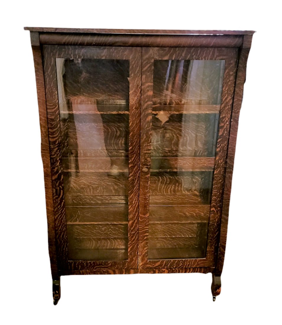TIGERWOOD STYLE VENEER CURIO CABINET: Tigerwood Style Veneer Curio Cabinet. Measures approximately 40"X59"X14" NO SHIPPING - PICKUP ONLY