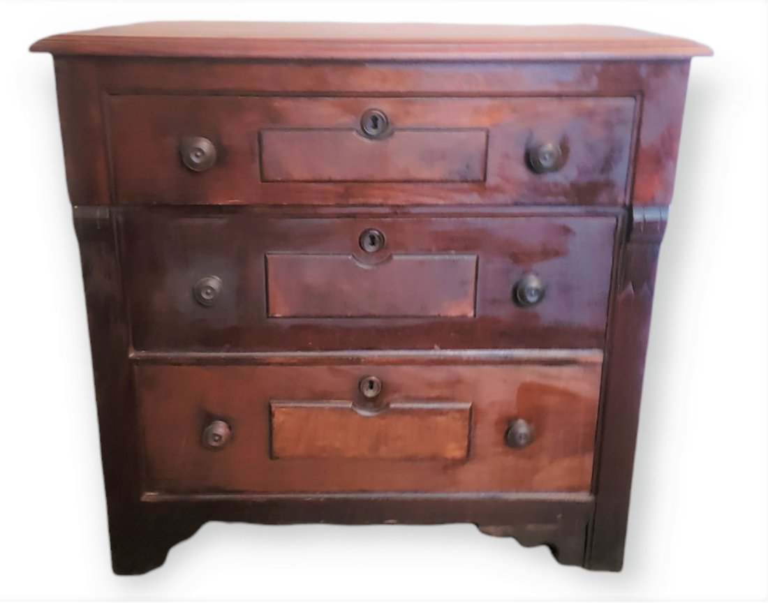 ANTIQUE 3 DRAWER LOCKING NIGHTSTAND WITH SKELETON KEY: Antique 3 Drawer Locking Nightstand with Skeleton Key. Measures approximately 31.5"x21"x49.75" NO SHIPPING - PICKUP ONLY
