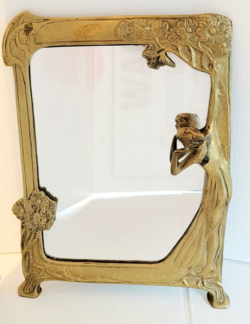 ANTIQUE SOLID BRASS LADY BY THE LAKE  VANITY DRESSER TABLE MIRROR (1 of 4)