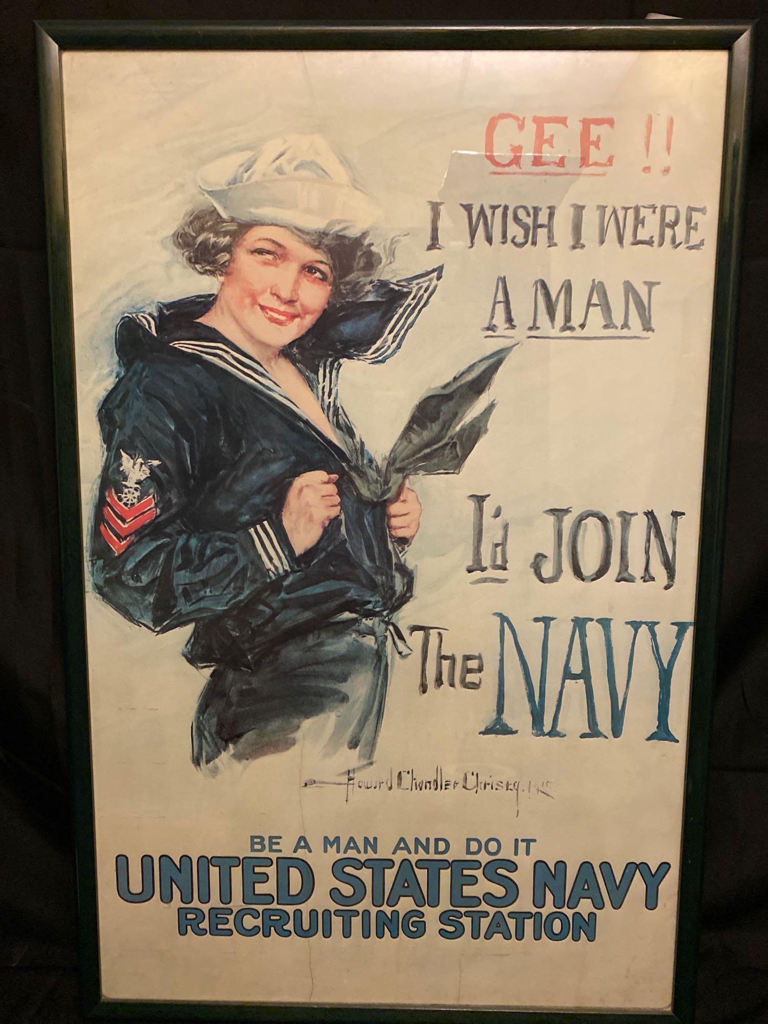 GEE!! I Wish I Were a Navy Man Recruiting Poster: GEE!! I Wish I Were a Navy Man Recruiting Poster Christy's most famous was this poster considered a classic. He portrayed "The Christy Girl", an idea. American Woman. Reproduction, framed under glass.