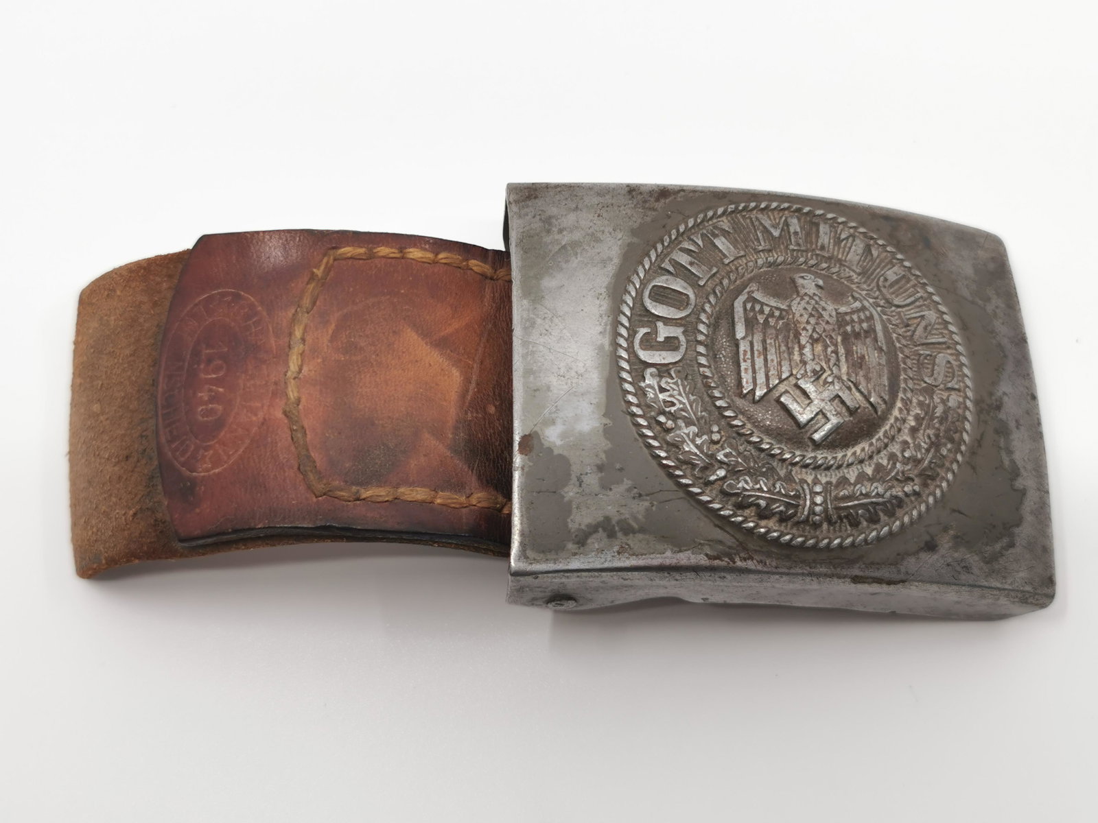German WWII Buckle Belt: Title: German WWII Buckle Belt Description (FR): Boucle de ceinture allemande de la seconde guerre mondial, inscription sur le morceau de cuir : BHAARMANN 1940 LUDENSCHEID Description (ENG): German WW