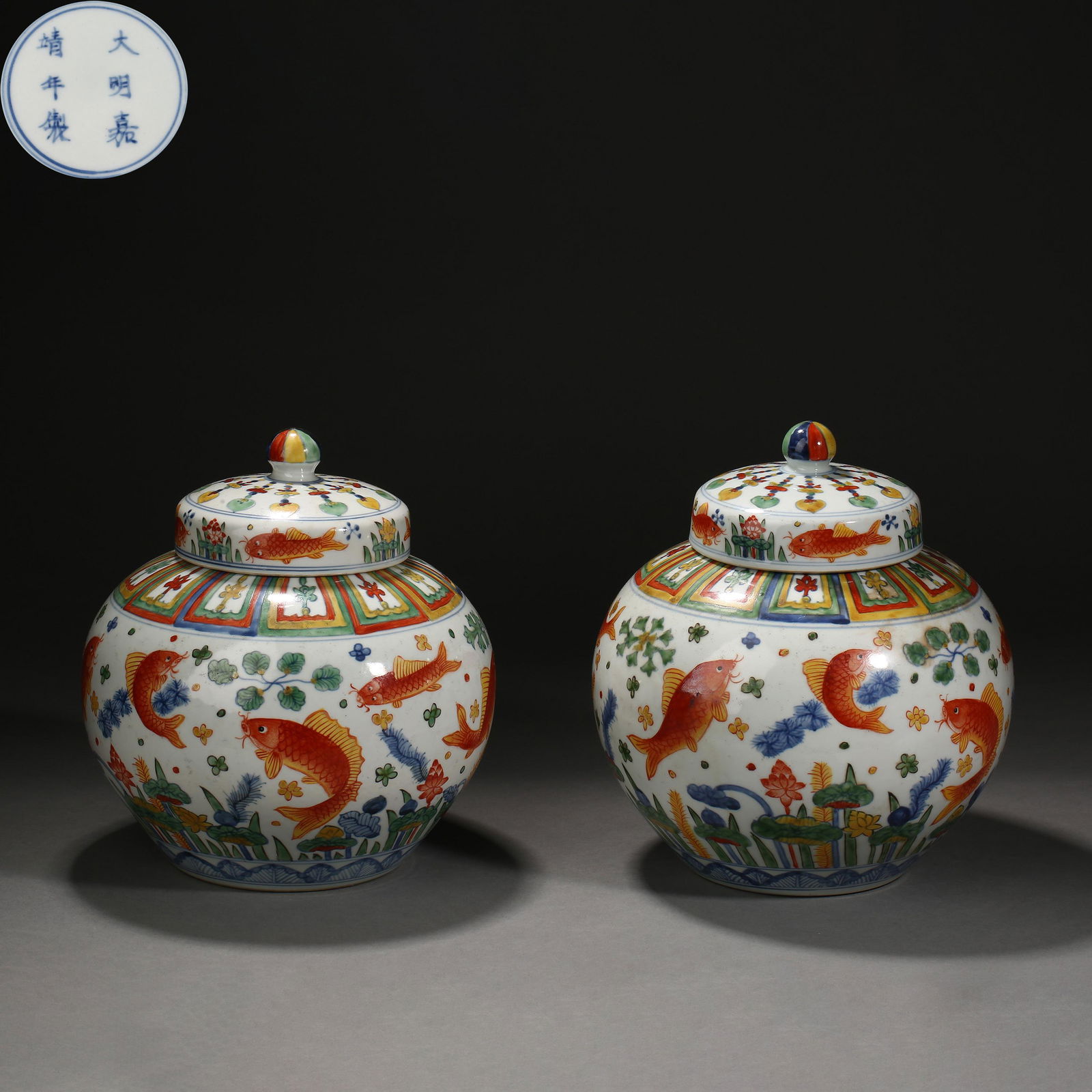 Ming Dynasty of China, Multicolored Red Fish Covered Jar (1 of 10)