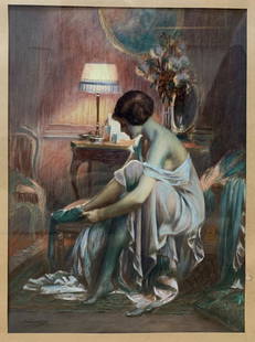 Delphin ENJOLRAS (1857-1945): ElÃ©gante dans son boudoir Pastel SignÃ© en bas Ã gauche H. 36 cm. L. 26 cm Ã vue