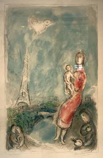 Marc CHAGALL (1887-1985), d'aprÃ¨s: MaternitÃ© rouge, 1980 Lithographie SignÃ© Ã la mine en bas Ã droite, annotÃ© Ã©preuve d'essai en bas Ã gauche H. 93,5 cm. L. 59,6 cm