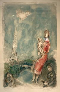 Marc CHAGALL (1887-1985), d'aprÃ¨s: MaternitÃ© rouge, 1980 Lithographie SignÃ© Ã la mine en bas Ã droite, annotÃ© Ã©preuve d'essai en bas Ã gauche H. 93,5 cm. L. 59,6 cm