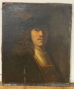 Ecole HOLLANDAISE du XIXe siÃ¨cle d'apÃ¨rs REMBRANDT: Autoportrait Huile sur toile H. 65 cm. L. 54 cm Usures, petit dÃ©collement, traces blanches