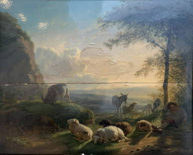 Ecole du XVIIIe siÃ¨cle, entourage de Jacob VAN STRIJ (1756-1815): Troupeau dans un paysage Huile sur panneau en deux planches H. 42 cm. L. 52,5 cm Restauration, cadre accidentÃ©