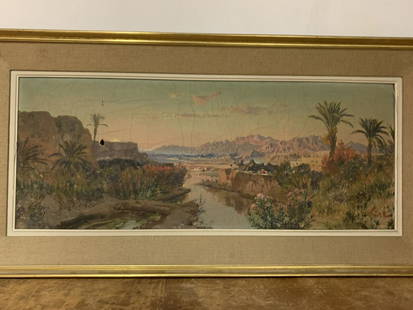 Maxime NOIRÃ‰ (1861-1927): Vue sur l'Oued Huile sur toile SignÃ© en bas Ã droite H. 40 cm. L. 100 cm Toile percÃ©e