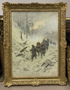 Pierre COMBA (1859-1934): Chasseurs alpins marchants dans la neigeAquarelle et pastel sur papierSignÃ© en bas Ã gaucheH. 75 cm. L. 52,5 cm Ã vue