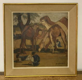 Roger R. NIVELT (1899-1962): Louga attache des jeunes chevaux au campement MaureHuile sur panneau. SignÃ© en bas Ã droite H. 50 cm. L. 50,5 cm