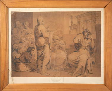 James BARRY (1741-1806): La conversation de Philémon par Xenocrate Encre brune et lavis sur papier Signé en bas au milieu H. 51,5 cm - L. 69 cm Déchirures, petites restauration, traces d'humidité, probable