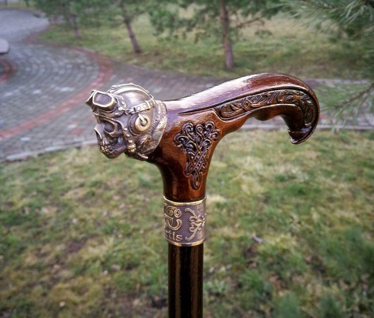 Bronze walking stick skull pilot biker wood cane (1 of 6)