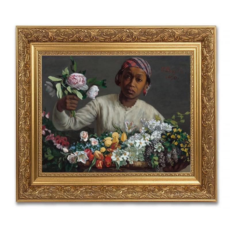 35" After FREDERIC BAZILLE "Black Woman with Peonies" painting art printed on canvas: In the style of FREDERIC BAZILLE (1841 â€“ 1870) Title of artwork: "Black Woman with Peonies" Ready to hang on the wall. SUPPORT UKRAINE! Read more below. Canvas on the wooden underframe. Outer f