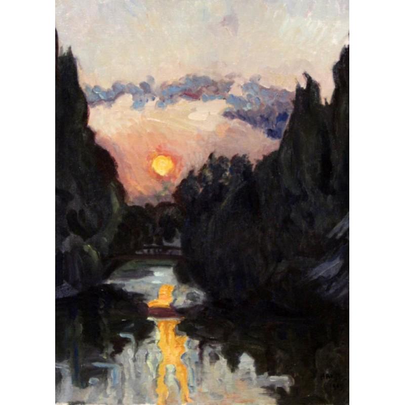 26,8" LEON BAKST "Twilight over the lake" painting not oil printed on canvas: LEON BAKST (1866 â€“1924) Ready to be hang on the wall. Canvas on the wooden frame. Medium: printed on canvas panel. Diagonal: 26,8" or 68 cm. Size: 15,7" x 21,7" (in) or 40 x 55 cm. Date: c. 190