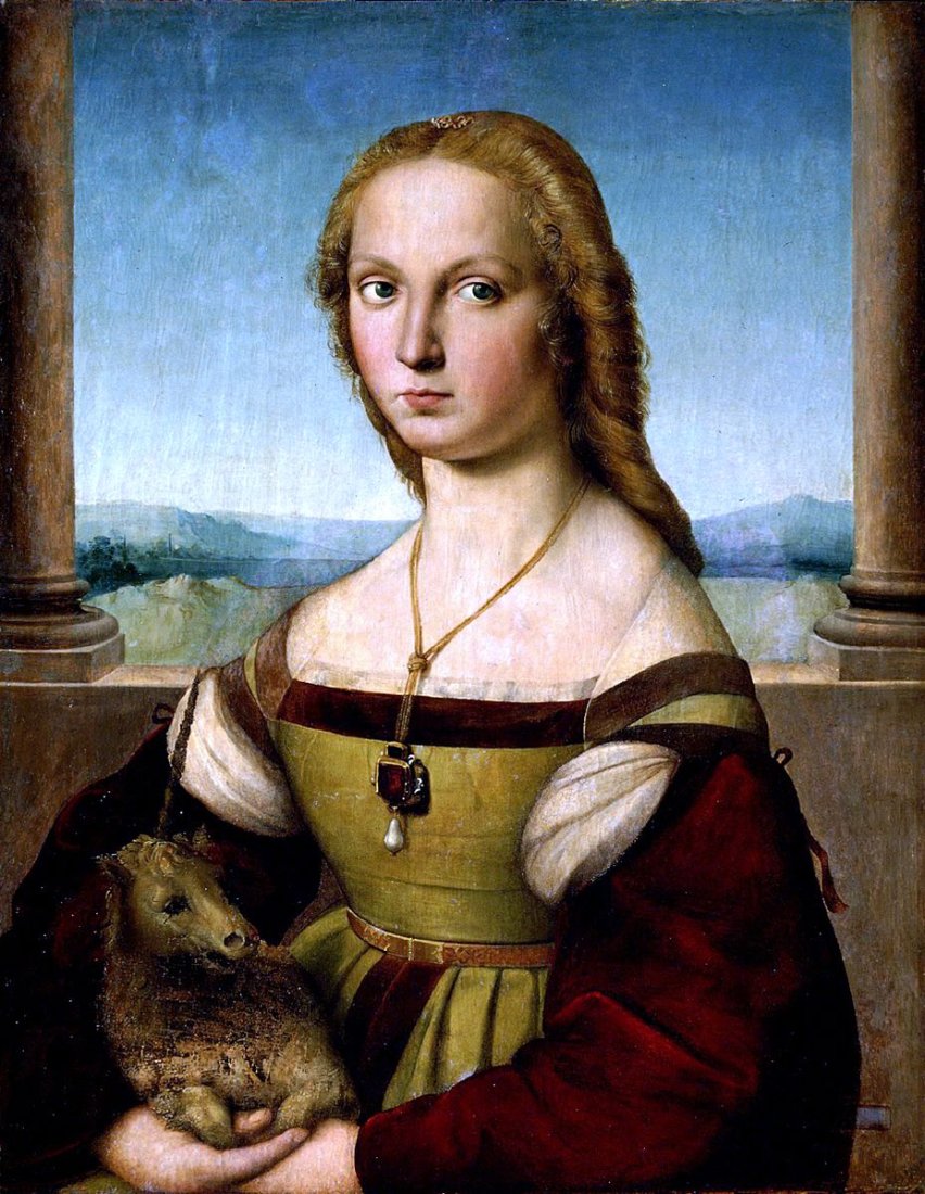 Raphael "Young Woman with Unicorn" painting canvas not oil printed on canvas: Raffaello Sanzio da Urbino (1483 â€“ 1520) Ready to be hang on the wall. Canvas on the wooden frame. Medium: printed on canvas panel. Diagonal: 28 inch or 71 cm. Size: 17,7 x 21,6 inch or 45 x 55