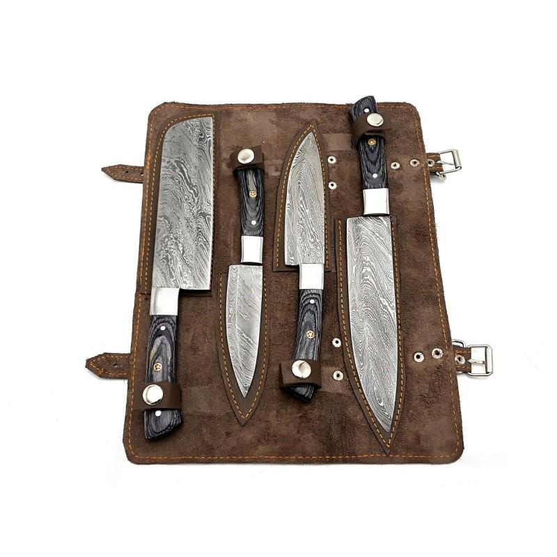 Set of 4 damascus steel knives chef kitchen wood work (1 of 4)