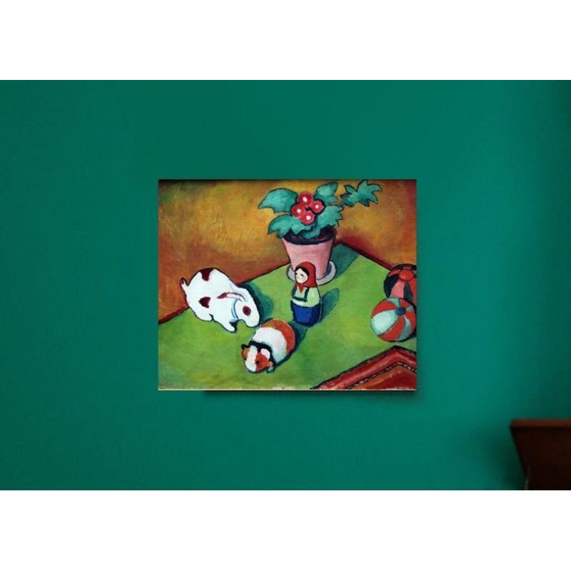 AUGUST MACKE "Little Walter's Toys" painting canvas not oil printed on canvas: AUGUST MACKE (1887 â€“ 1914) Ready to be hang on the wall. Canvas on the wooden underframe. Medium: printed on canvas panel. Diagonal: 28" or 71,1 cm. Size: 21,7" x 17,7" (in) or 55 x 45 cm. Date
