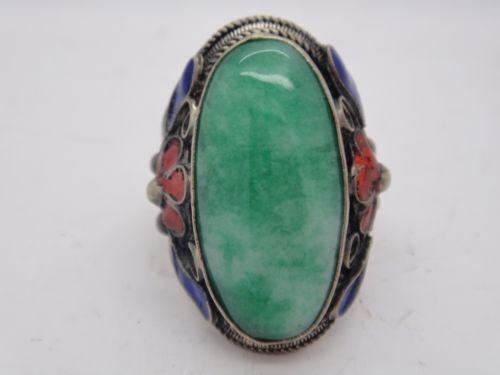 Chinese Silver Cloisonne Flower Ring Green Jade (1 of 3)