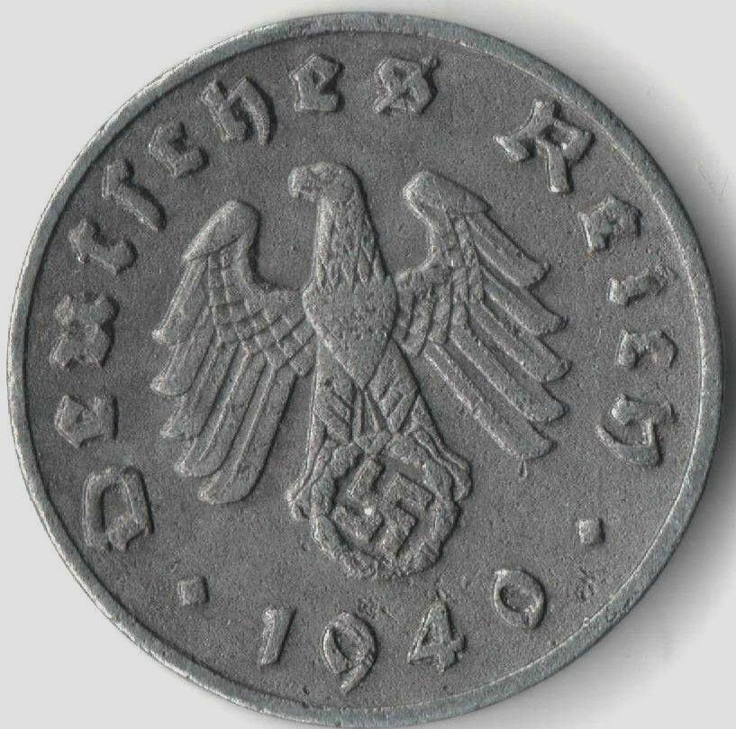 World War 2 coin Germany army zinc 10 Reichspfennig: This is German / Nazi 10 Reichspfennig ZINC coin from 1940 - 1944 with the German War Eagle holding the Dreaded symbol. Authentic and original WWII currency. The arms â€“ the eagle, wings down, h
