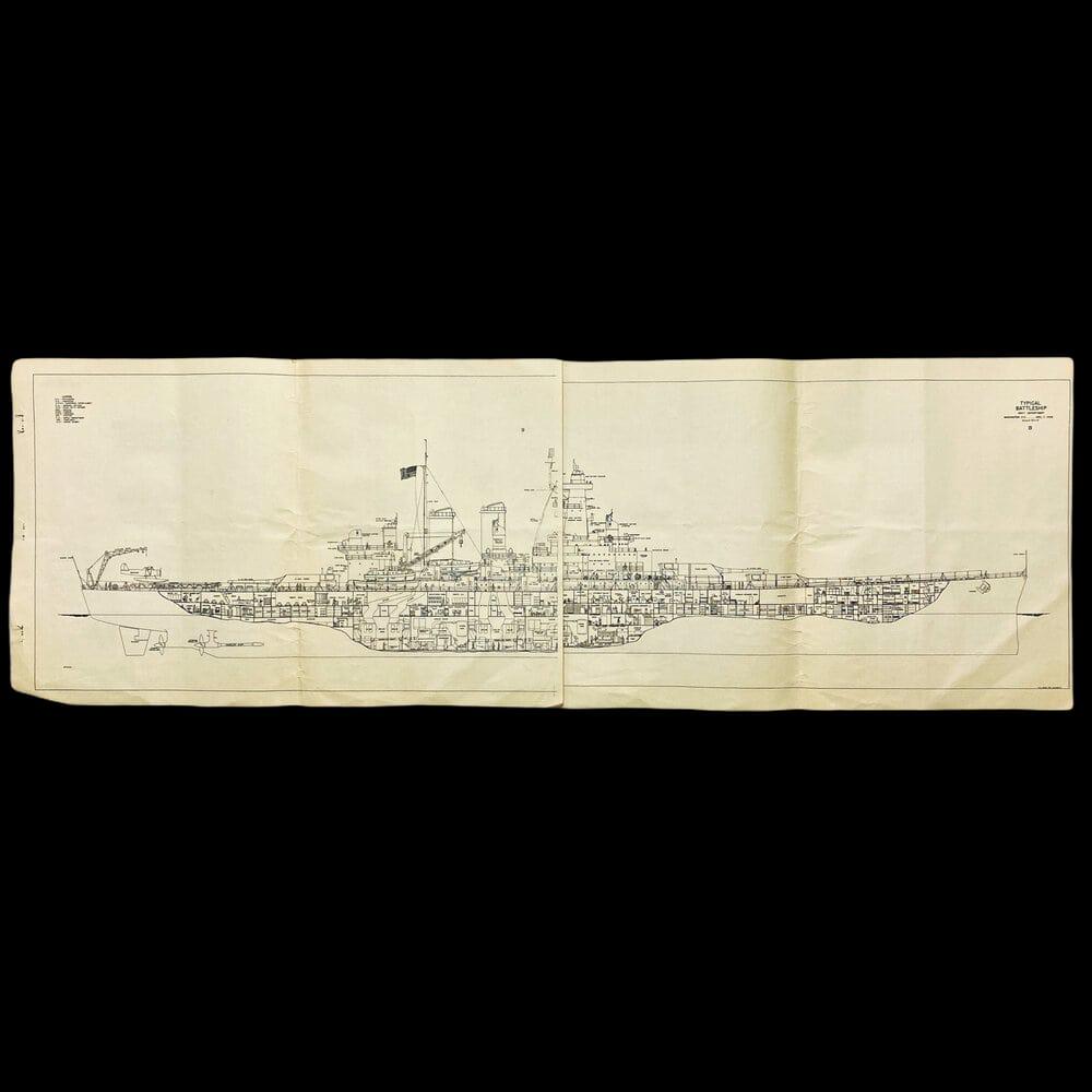 Vintage picture WWII diagram Navy battleship war army: This blueprint type diagram poster shows the cross-section of a â€œTypical Battleship”, one of the U.S. Navy's most infamous ships used during World War II. Size: 36 x 12 inches. The battles