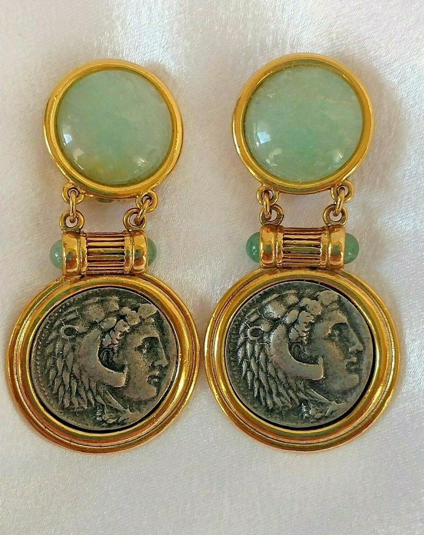 Vintage Silver Earrings Jade Stone Ancient Carved Old (1 of 6)