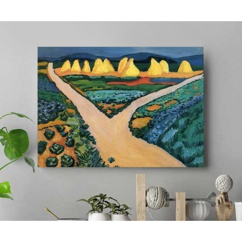 AUGUST MACKE "Vegetable Fields" painting canvas not oil printed on canvas: AUGUST MACKE (1887 â€“ 1914) Ready to be hang on the wall. Canvas on the wooden underframe. Medium: printed on canvas panel. Diagonal: 26,8" or 68 cm. Size: 21,7" x 15,7" (in) or 55 x 40 cm. Date