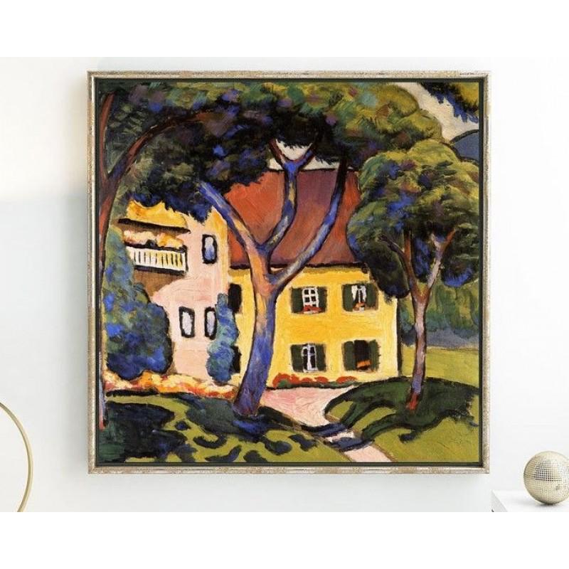 AUGUST MACKE "Staudacher's house at the Tegernsee" painting not oil printed on canvas: AUGUST MACKE (1887 â€“ 1914) Ready to be hang on the wall. Canvas on the wooden underframe. Medium: printed on canvas panel. Diagonal: 30,6" or 77,8 cm. Size: 21,7" x 21,7" (in) or 55 x 55 cm. Da