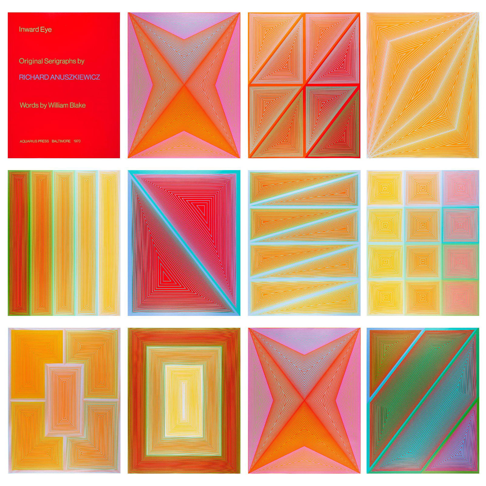 Anuszkiewicz, Richard (1930 Erie - Englewood 2020): Inward Eye, 1970 Portfolio containing eleven screenprints on cardboard, each bound with texts by William Blake. The first screenprint signed in pencil lower right, the other ten screenprints unsigned,