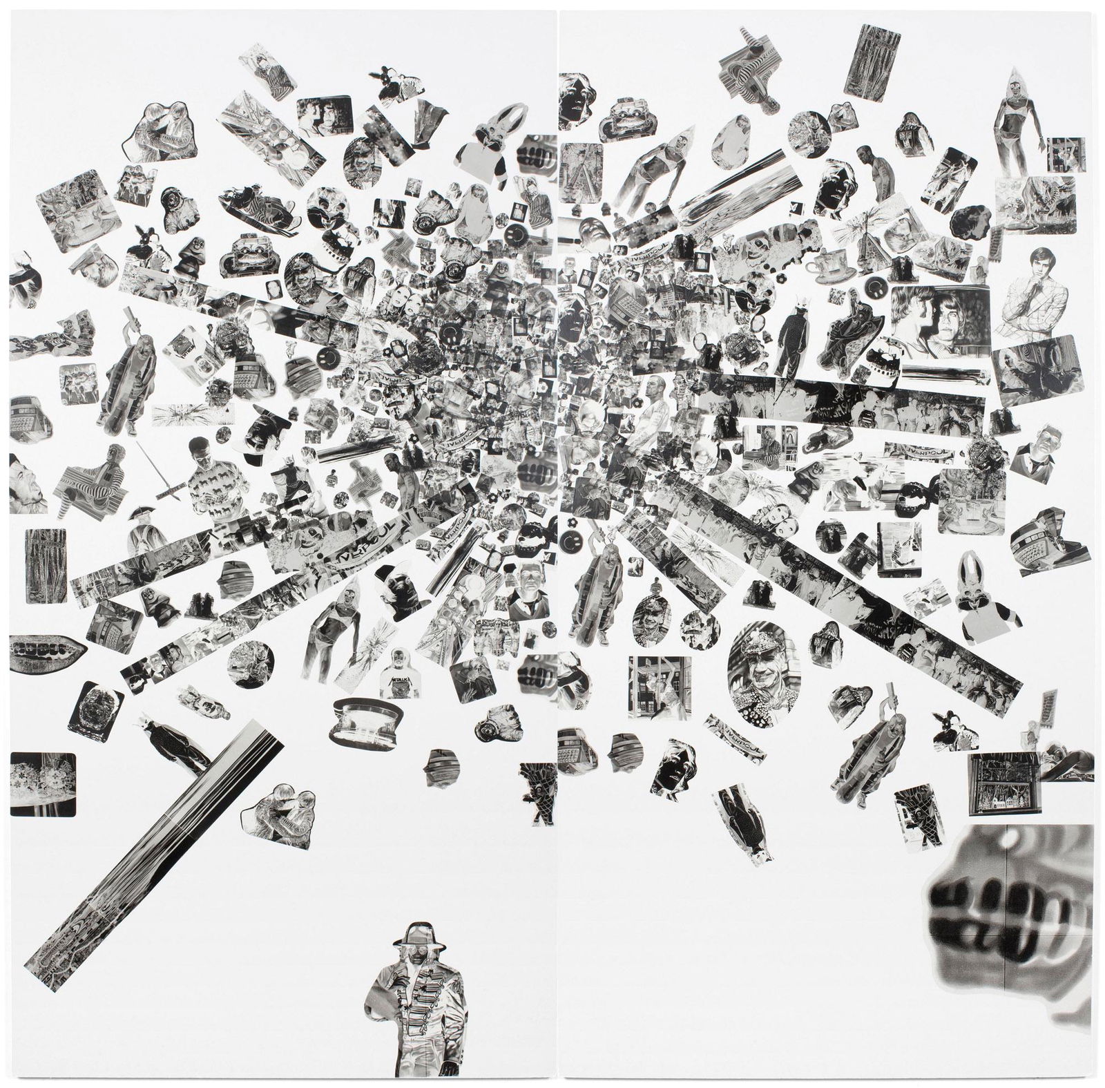 Marc Brandenburg (1965 Berlin - lebt in Berlin): Ohne Titel. 2006. Zweiteilig: Collage auf Wabenplatte. Verso mit Filzstift signiert und datiert: M. Brandenburg, 2006. 238,7 x 236,5 x 2 cm. Provenienz: About Change, Collection (Christiane zu Salm),