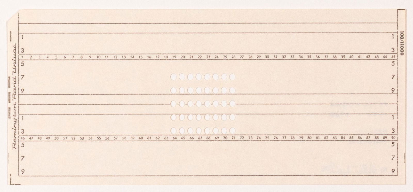 Peter Roehr (1944 Lauenburg in Pommern - Frankfurt a.M. 1968): Ohne Titel (GR-1). 1963. Lochkarte, Remington Rand Univac, gestanzt (rund). Verso mit dem Nachlass-Stempel. Dort nummeriert: 1/100. 8,3 x 18,8 cm. Staubdicht unter Glas gerahmt. Provenienz: Privatsamm