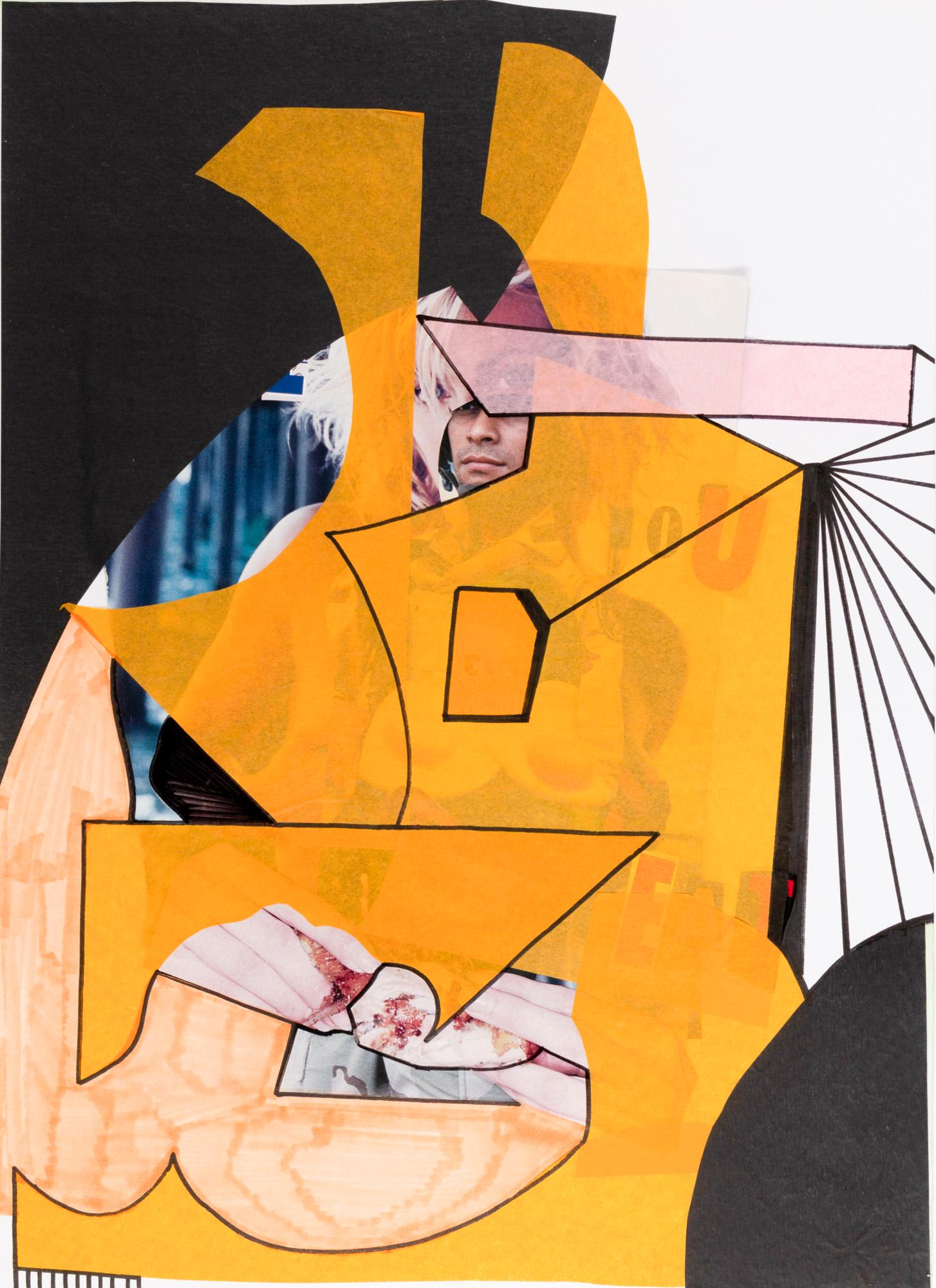 Tobias Rehberger (1966 Esslingen - lebt in Frankfurt a.M.): no. no. no! (den Trennungsstrich ziehen, jede Minute). 2006. Collage, Farbstift und Filzstift auf Papier. 44 x 32 cm. Im Objektrahmen freigestellt und unter Glas gerahmt: 48,7 x 36,6 cm. Verso ein Eti