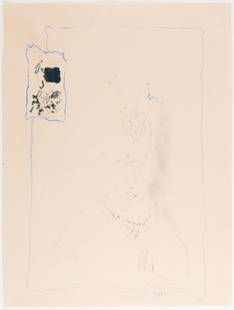 Thomas Helbig (1967 Rosenheim - lebt in Berlin): Ohne Titel (Frau mit Collier). Um 2000. Tusche, blauer Buntstift und Kohle auf chamoisfarbenem Papier. Unten rechts signiert: Helbig. 40 x 30 cm. Im Objektrahmen und innerhalb des Passepartouts freige