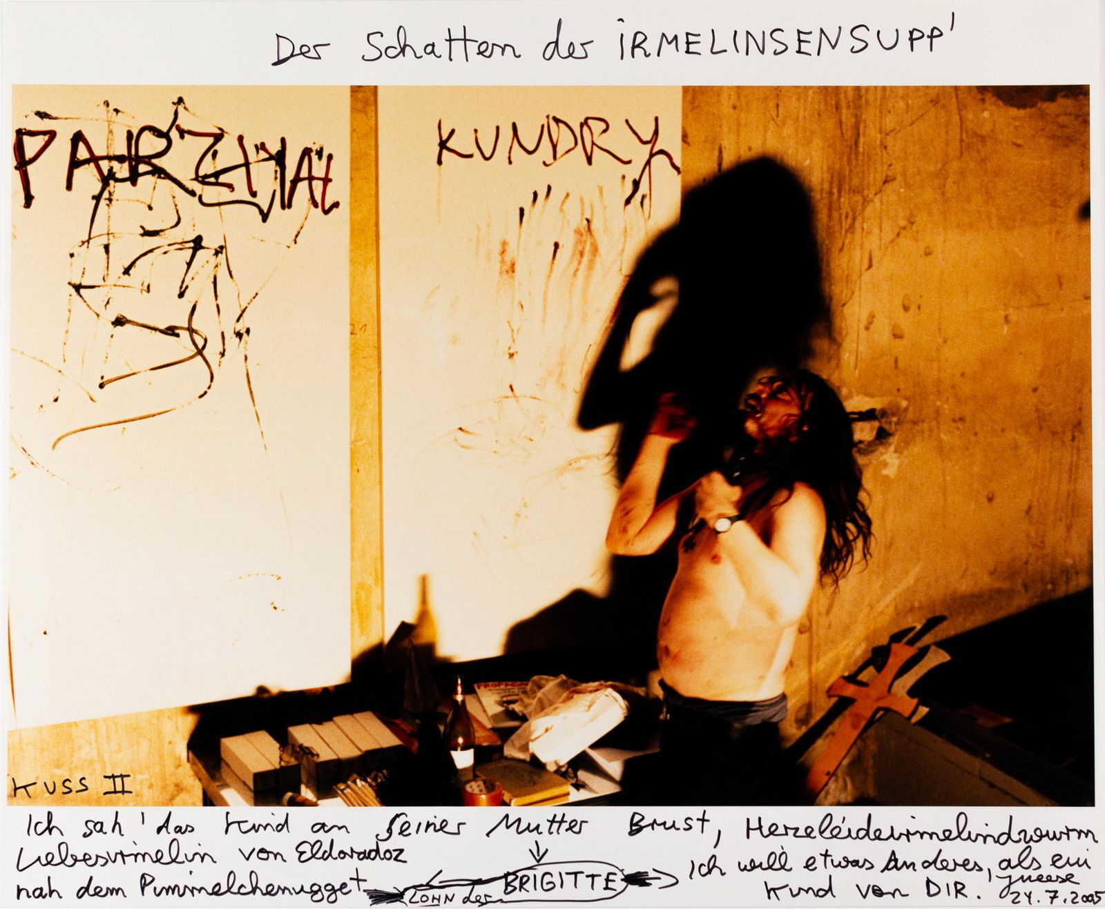 Jonathan Meese (1970 Tokio - lebt in Berlin): Der Schatten der Irmelinsensupp'. 2005. Filzstift auf C-Print. Mehrfach signiert und datiert, sowie betitelt und gewidmet: JMeese, 2005, der Schatten der Irmelinsensupp', fuer Irmelin von Jonathan in