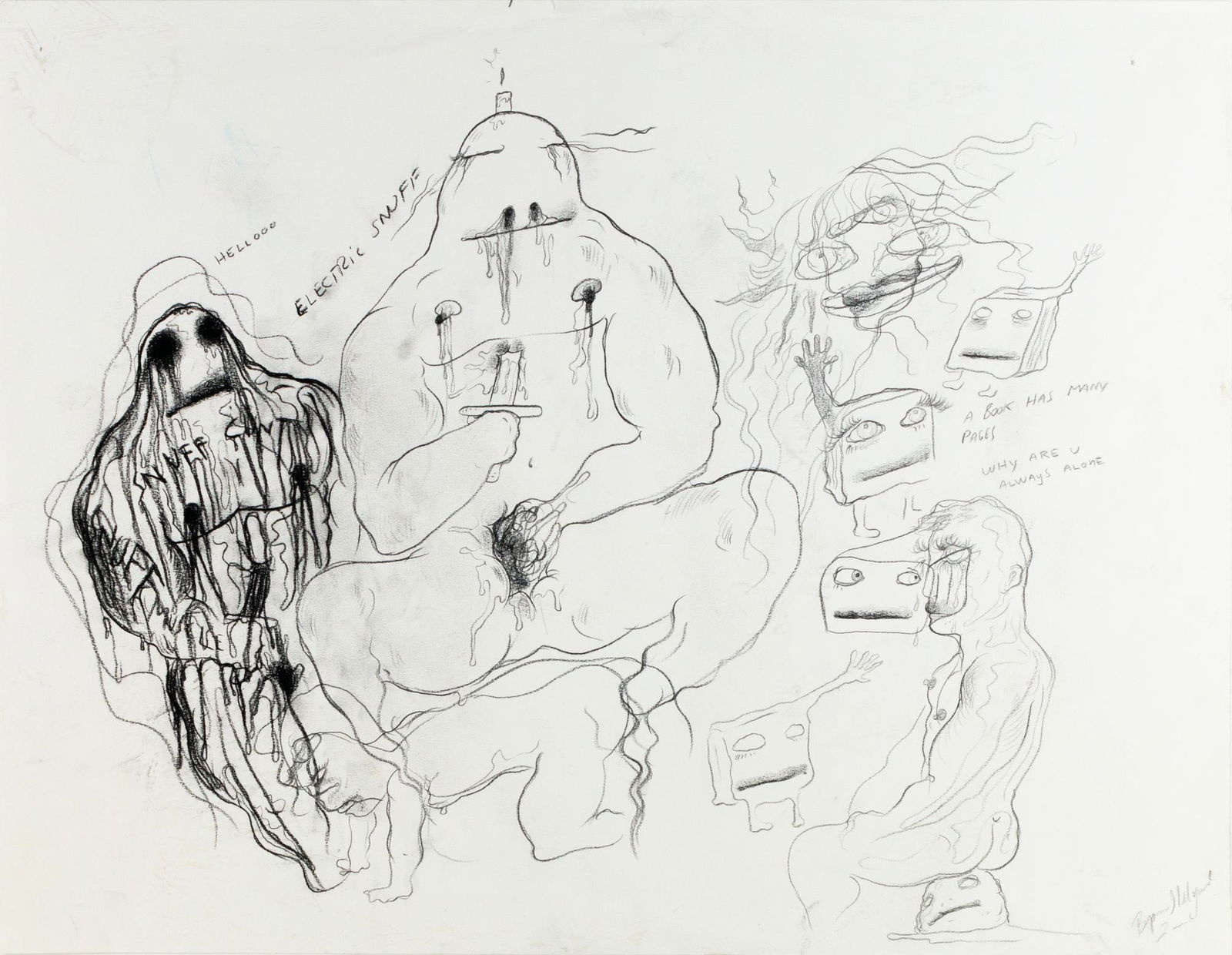 Bjarne Melgaard (1967 Sydney - lebt in Oslo): Electric Snuff. 2001. Kohle und Grafit auf Canson Zeichenpapier. Unten rechts mit Bleistift signiert und datiert: Bjarne Melgaard, 2001. 50 x 64,9 cm. Provenienz: Nachlass Reinald Nohal, Mitbegruender