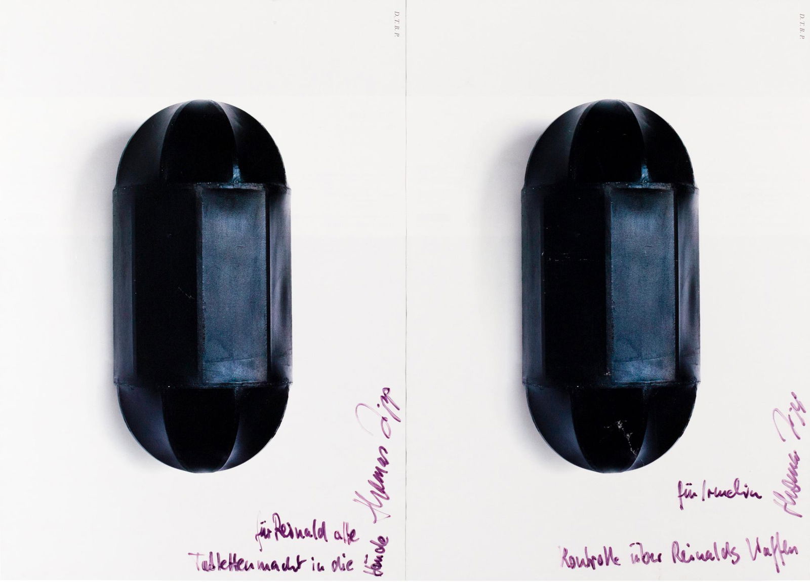 Thomas Zipp (1966 Heppenheim - lebt in Berlin): fuer Irmelin Kontrolle ueber Reinalds Waffen / fuer Reinald alle Tablettenmacht in die Haende. 2005. Zweitelig: Jeweils Filzstift auf Ausstellungsplakat: Thomas Zipp. Dirty Tree Black Pills. Oldenburg