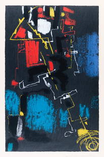 Max Ackermann (1887 Berlin - Schwarzwald 1975): Agitato. 1960. Farbserigraphie auf Velin. Unterhalb der Darstellung signiert, datiert und nummeriert: Ackermann, 1960, E.A.. Blattmass: 53 x 36,2 cm. Unter einem Passepartout und unter Glas gerahmt: 7