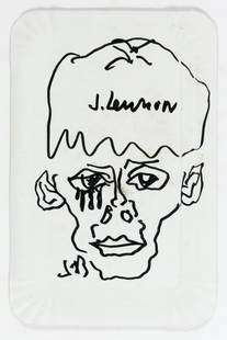 John Bock (1965 Gribbohm - lebt in Berlin): J. Lennon. Filzstift auf Pappteller. Unten links monogrammiert: JB. 20,5 x 13,5 cm. Im Passepartout freigestellt und unter Glas staubdicht gerahmt: 38 x 31 cm. Verso mit Bleistift beschrieben: John Bo