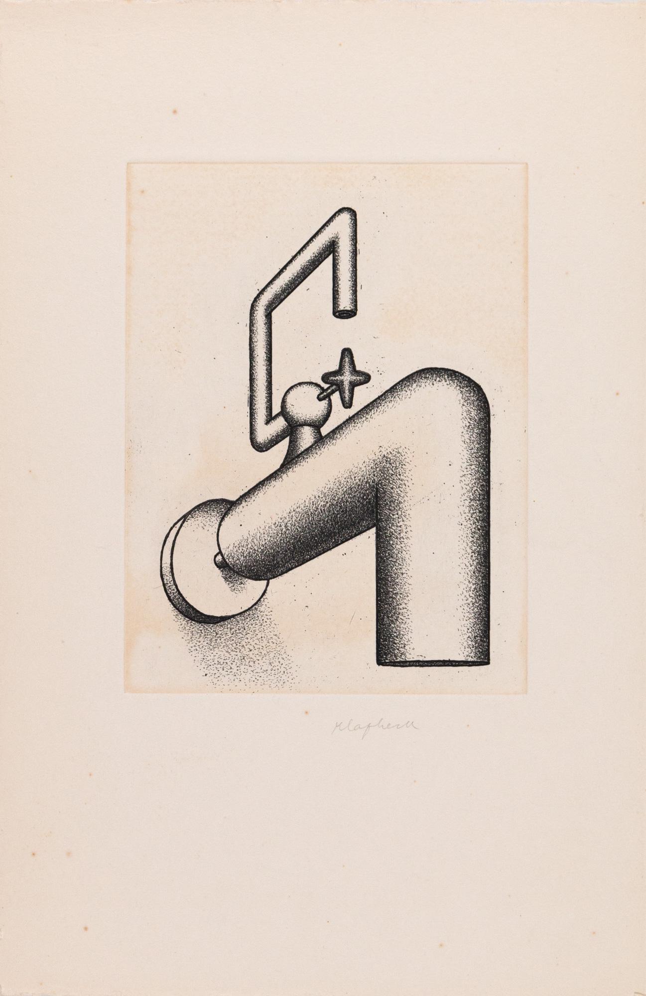 Konrad Klapheck (1935 Duesseldorf - lebt in Duesseldorf): Die Selbsichere / Wasserhahn. 1972. Radierung auf Velin. Unterhalb der Darstellung mit Bleistift signiert: Klapheck. Blattmass: 30,5 x 20 cm. Eines von 40 unnumerierten Exemplaren. Werkverzeichnis: Zw