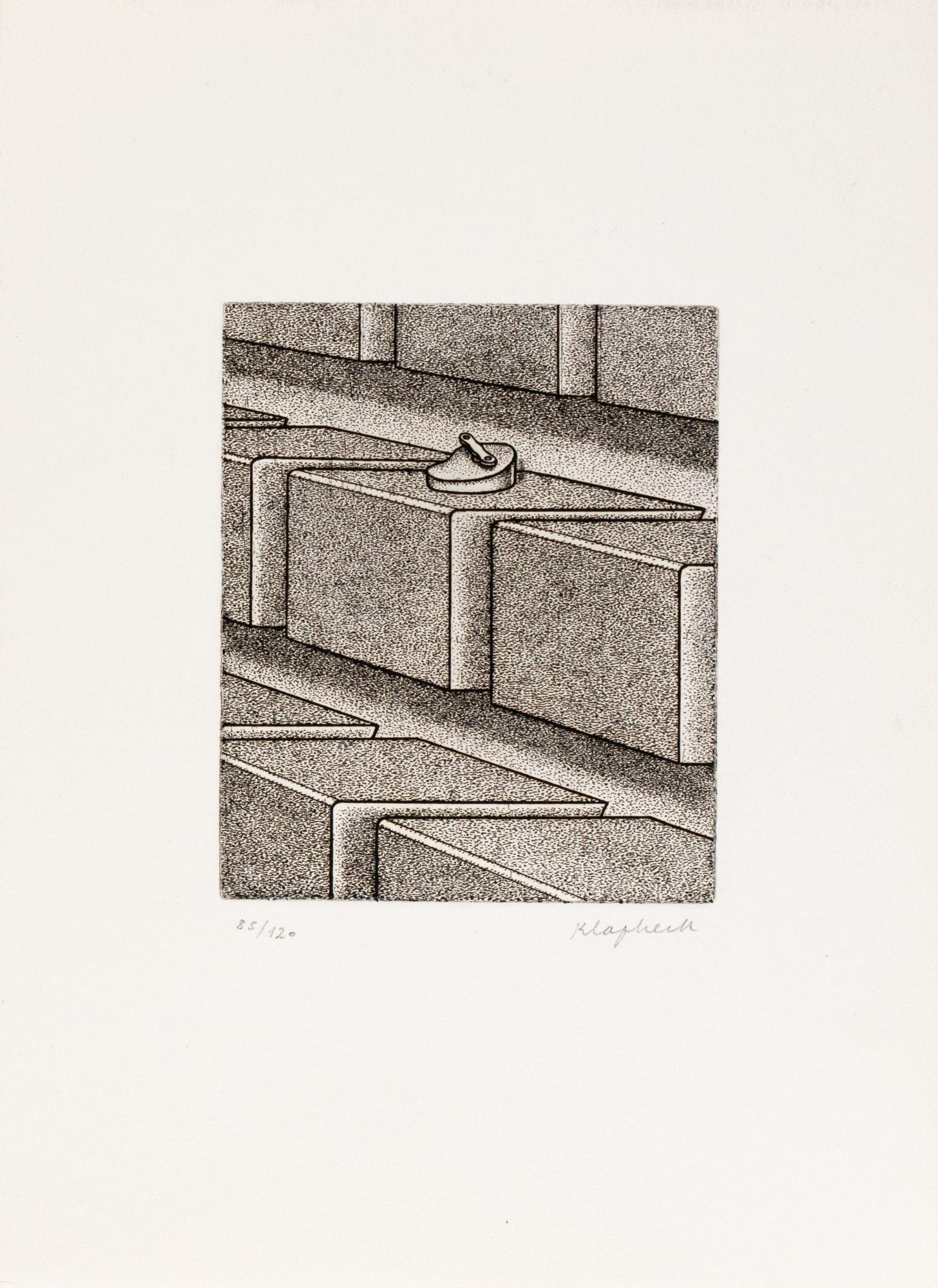 Konrad Klapheck (1935 Duesseldorf - lebt in Duesseldorf): Patience. 1979. Radierung auf Velin. Unterhalb der Darstellung mit Bleistift signiert und nummeriert: Klapheck, 85/120. Blattmass: 26,5 x 19,6 cm. Provenienz: Privatsammlung, Baden-Wuerttemberg.