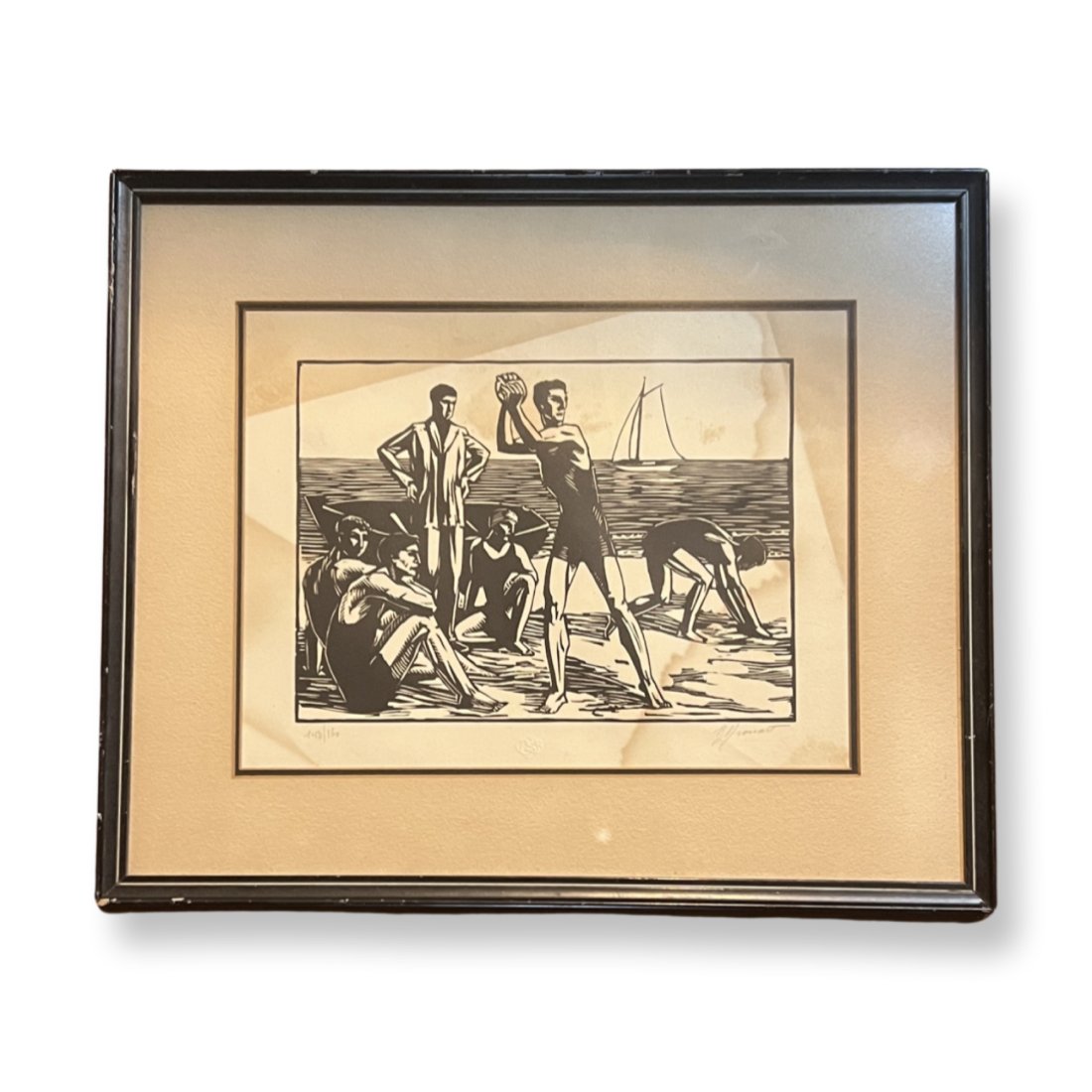 Raphael Drouart (1884 - 1972) France " Games on the beach, 1928 ": Raphael Drouart. (1884- Basque Country: Games on the beach, 1928 ,Original woodcut on Vellum ,Signed ,measures 12.7" x 10" inches