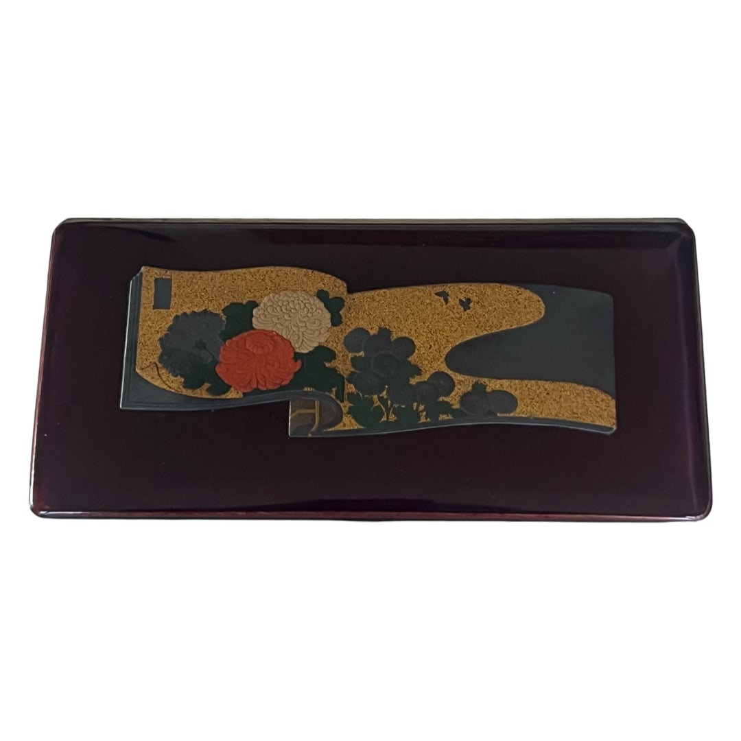 Vintage Japanese Cigarette Case Red & Polychrome Lacquer on Metal Tanaka Scroll (1 of 4)