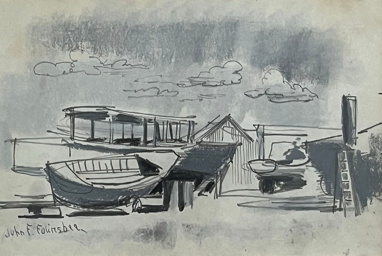 John Fulton Folinsbee (1892 - 1972) American: John Fulton Folinsbee (1892 - 1972) Mixed Media on paper, signed lower left, measures 5 x 8 and 11 x 14 inches w/frame.