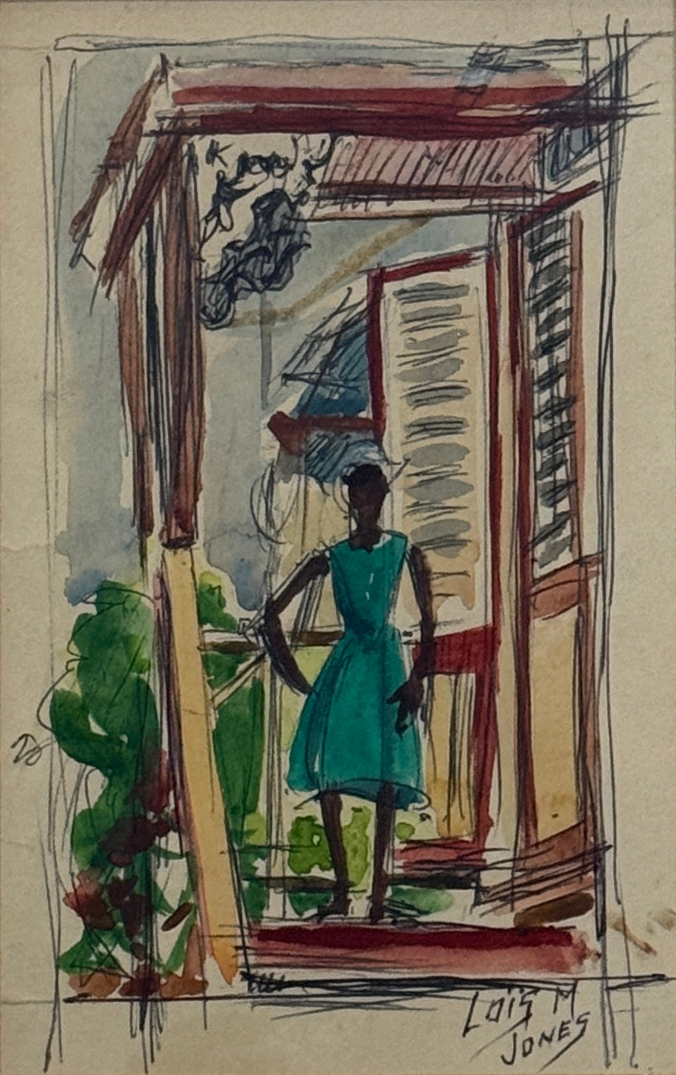 Lois Mailou Jones (1905 - 1998) American/Haitian: Lois Mailou Jones (1905 - 1998) Watercolor and ink on paper, signed lower right, measures 6 x 4 and 11 x 9 inches w/frame.