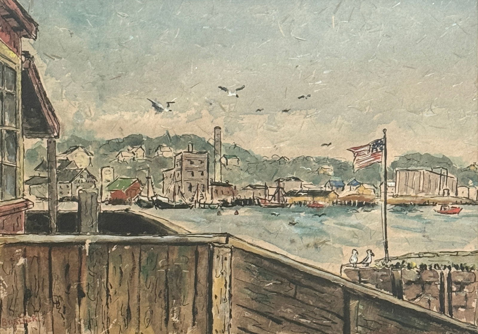 David Davidovich Burliuk (1882 - 1967) American/Ukraine/China: David Davidovich Burliuk (1882 - 1967) Watercolor on paper, signed lower left, measures 10 x 14 and 17.5 x 21.5 inches w/frame.